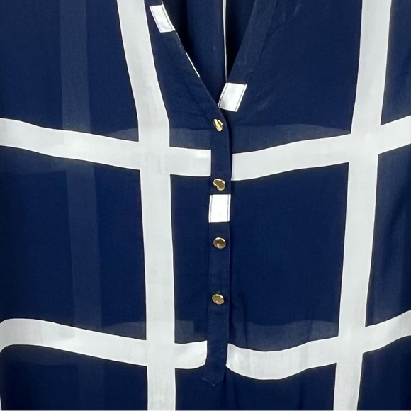 CYNTHIA ROWLEY Nautical Sheer Blouse Popover Navy Blue Window Pane Print Medium - Picture 3 of 16